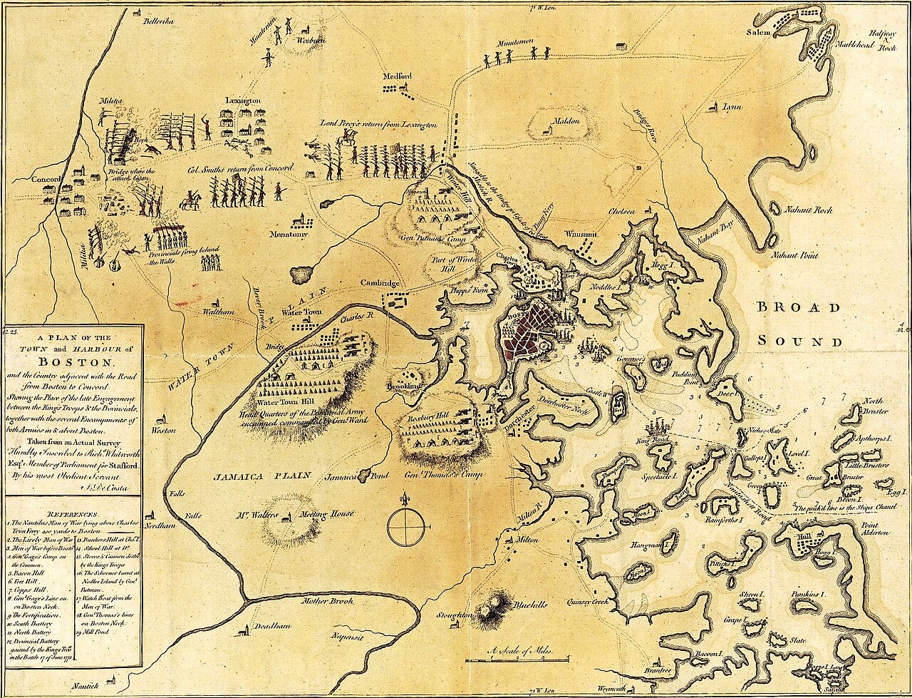 A mostly accurate hand-colored map depicting the 1775 Battles of Lexington and Concord and the Siege of Boston