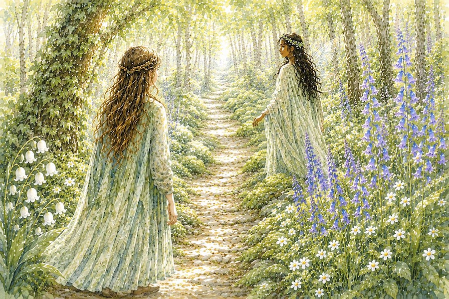Enya follows a winding woodland path as a dark-haired faery with translucent wings glances back from among the flowers, quietly inviting her deeper beneath the emerald canopy. Sunlight streams through the trees while foxgloves and bluebells bloom along the trail. AI-assisted artwork. © 2026 Designed by Kim West. All rights reserved. Enya follows a winding woodland path as a dark-haired faery with translucent wings glances back from among the flowers, quietly inviting her deeper beneath the emerald canopy. Sunlight streams through the trees while foxgloves and bluebells bloom along the trail. AI-assisted artwork. © 2026 Designed by Kim West. All rights reserved.
