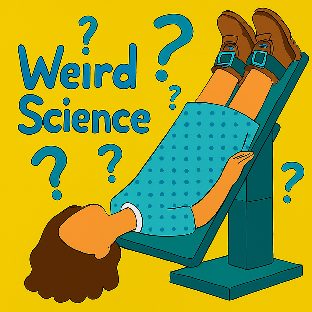 A cartoon woman with curly brown hair is wearing a blue hospital gown. Her feet are strapped to a tilt table with brown boots, and she is hanging at an extreme angle, feet up and head down. A cartoon woman with curly brown hair is wearing a blue hospital gown. Her feet are strapped to a tilt table with brown boots, and she is hanging at an extreme angle, feet up and head down.