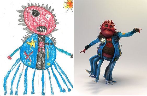 This may contain: two different colored drawings of people on skateboards, one with a monster head and the other with an alien face