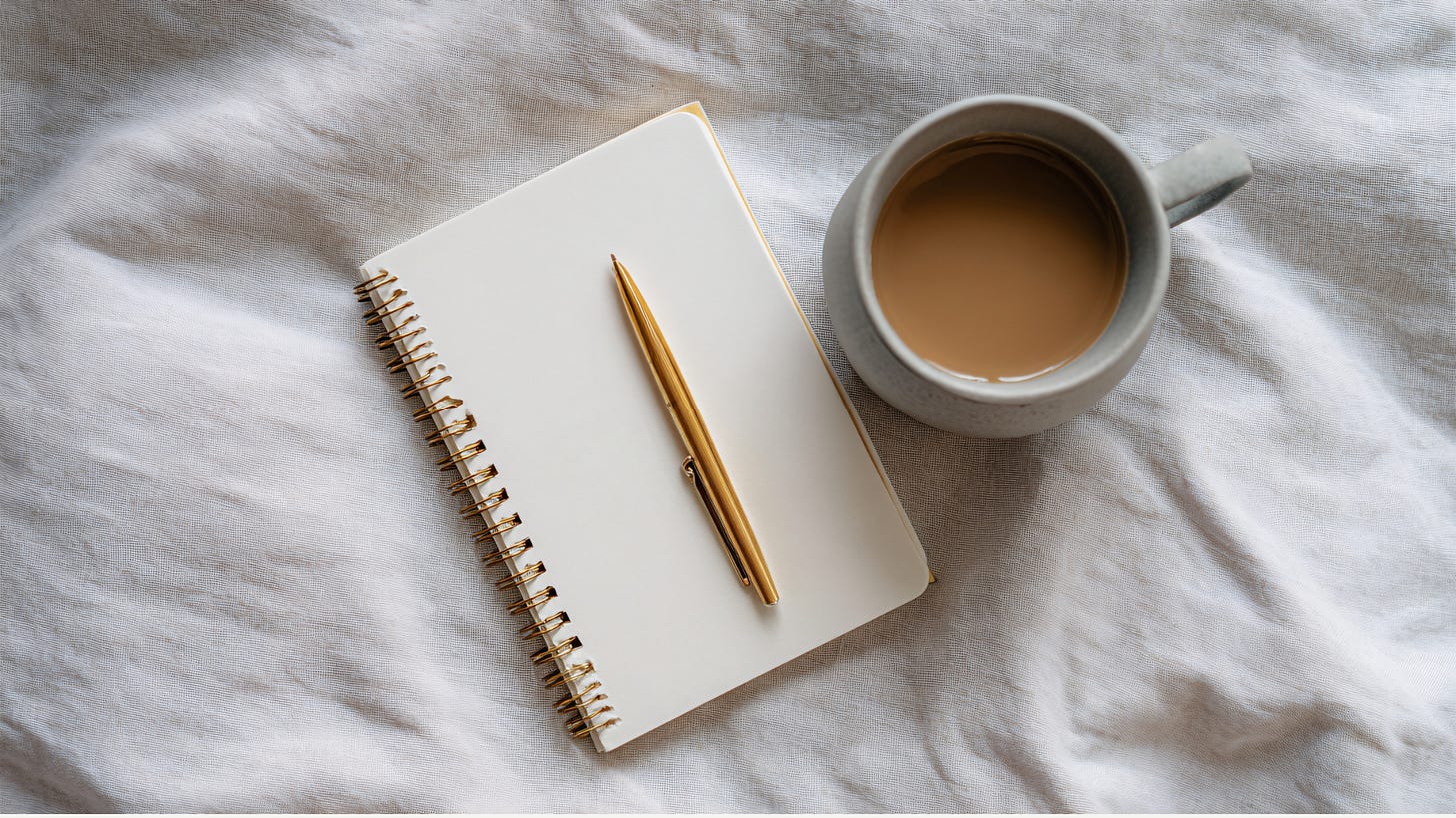 A cosy morning scene with a notebook and a cup of coffee on a bed, symbolising that morning rituals can be simple and supportive.