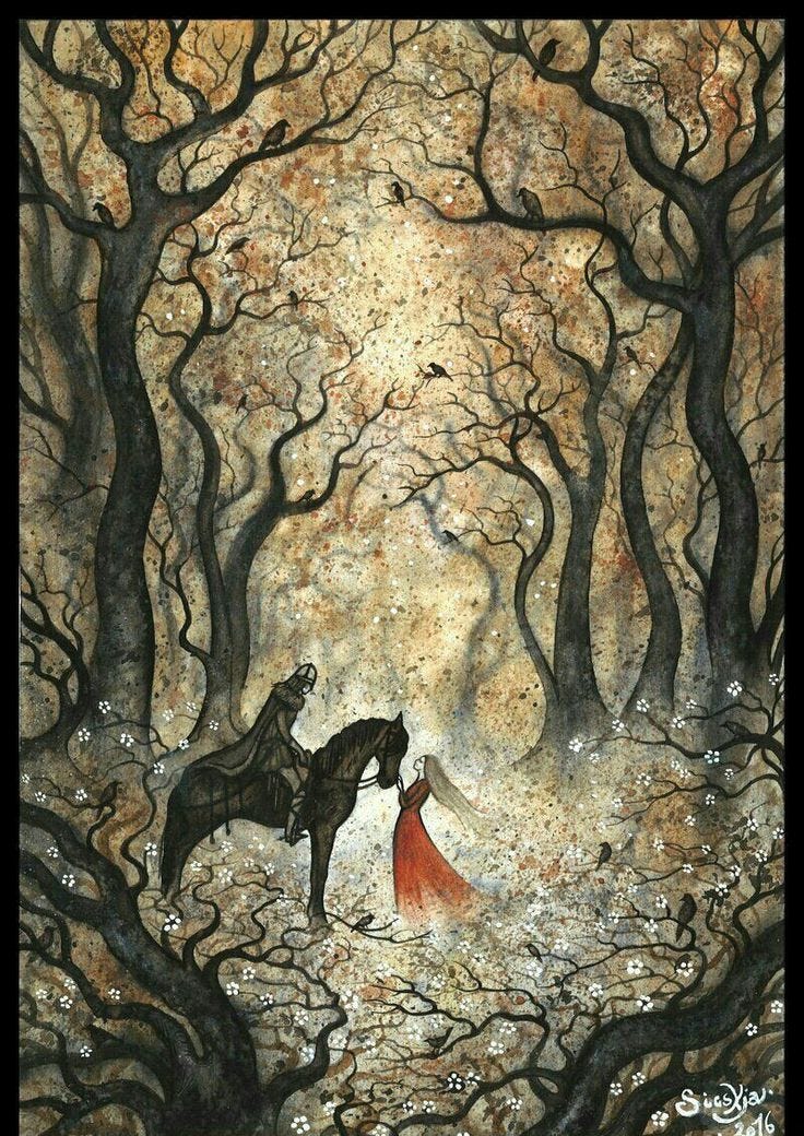 This may contain: a painting of a woman and a horse in the woods with leaves on them, surrounded by trees
