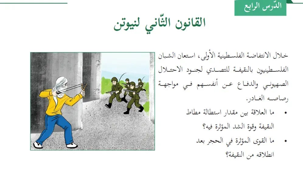 Palestinian school textbook teaching Newton's second law of motion using an image of a child aiming at soldiers with a sling. 2025–2026 report published by IMPACT-se. Palestinian school textbook teaching Newton's second law of motion using an image of a child aiming at soldiers with a sling. 2025–2026 report published by IMPACT-se.