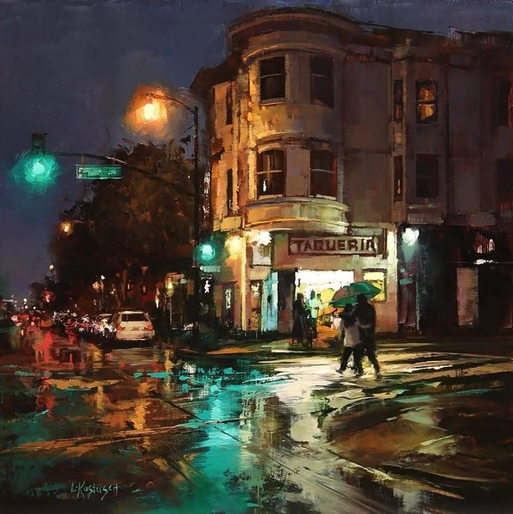 This may contain: a painting of people walking in the rain with umbrellas on a city street at night