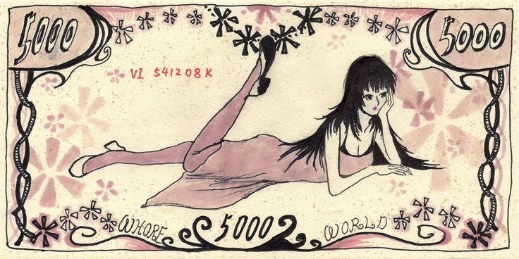 This may contain: a drawing of a woman laying on top of a bank note