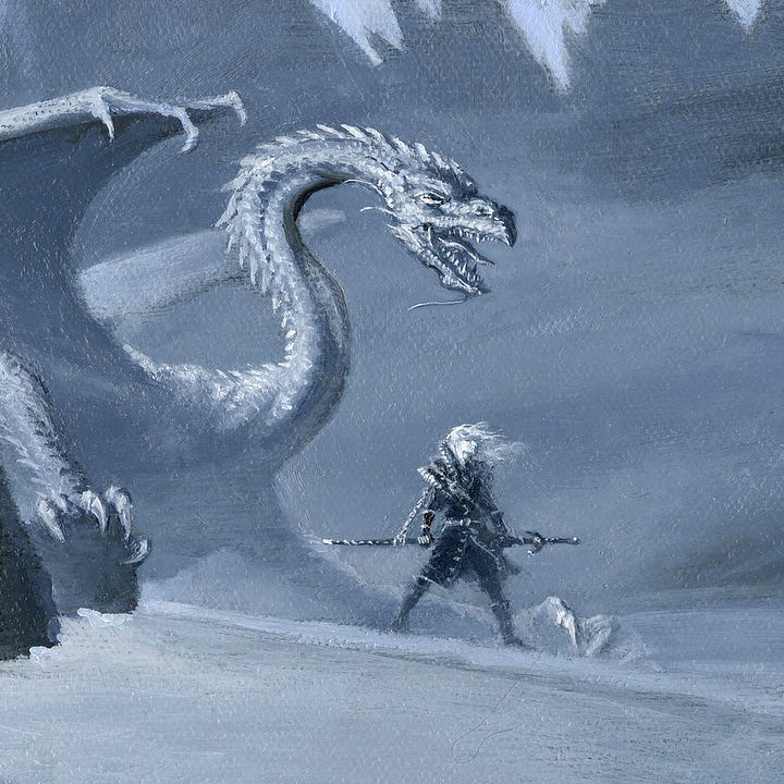 LEFT: Detail from ELRIC AND THE COLD DRAKE featuring a line of black rock leading back to Elric standing on the snowy horizon with a a white dragon coiling its neck behind him. In the immediate foreground, human skulls lay partially buried in the snow that borders the rock. RIGHT: Figure detail from ELRIC AND THE COLD DRAKE featuring Elric in a wide stance with Stormbringer hanging behind him. His hands grip the scabbard as he stares off to the right with his white hair blowing in the same direction. A white dragon grips a rock with one claw as it coils its neck back in an “S” as if coiled to strike. Its maw spreads in a hiss as if at some threat off-panel.