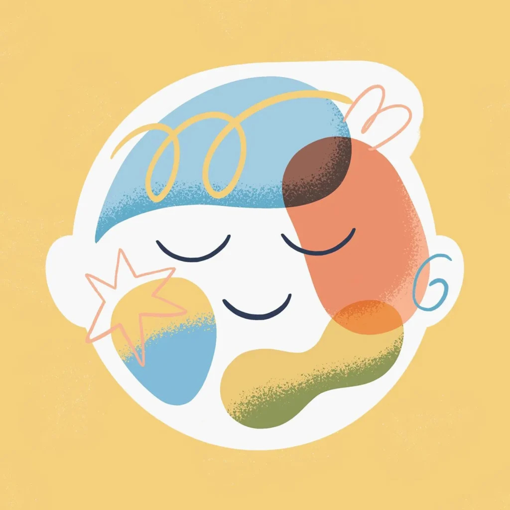 A colorful illustration of a calm, smiling face with closed eyes. The face is made up of abstract overlapping shapes in soft blue, orange, yellow, and green tones on a warm yellow background, symbolizing mindfulness and inner balance.