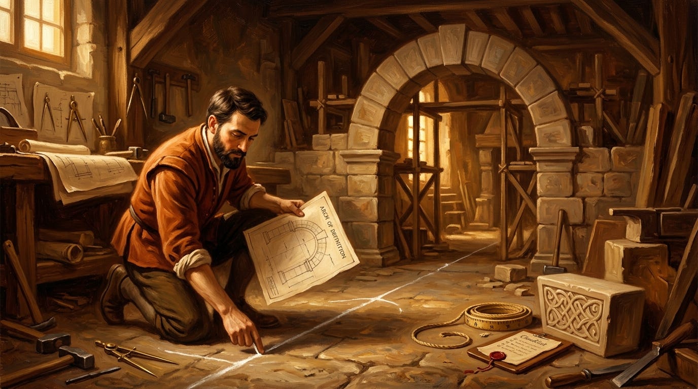 Builder marking a finish line for an AI agent task, with plans, tools, and completion criteria Builder marking a finish line for an AI agent task, with plans, tools, and completion criteria