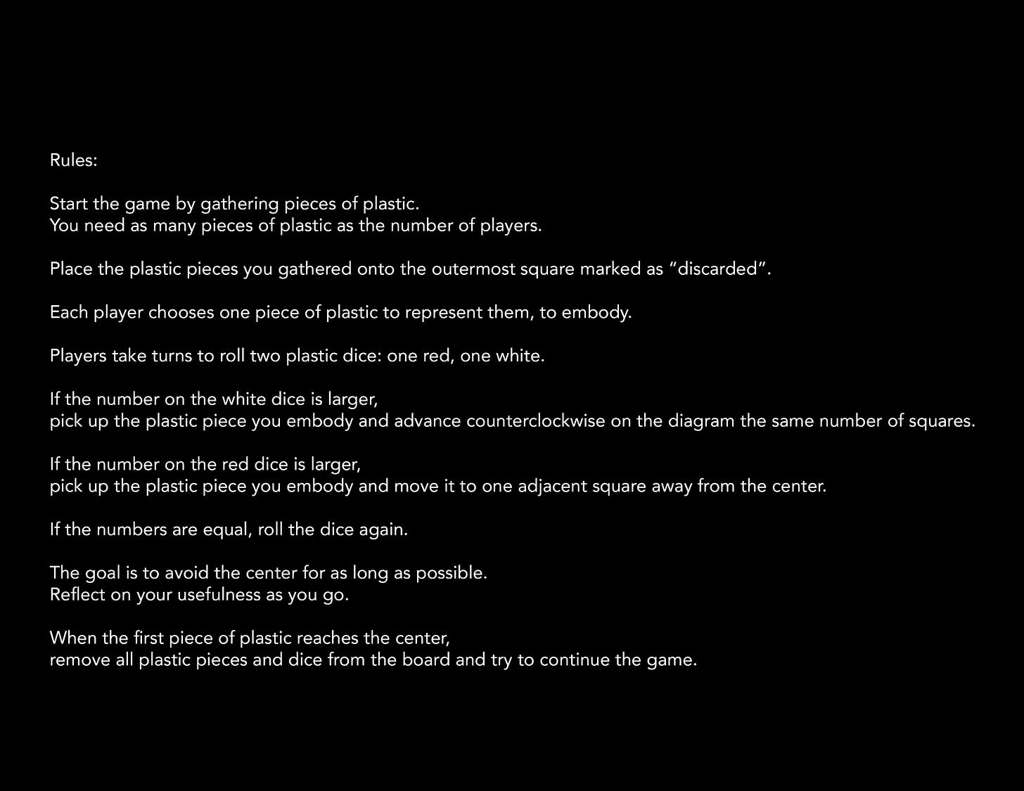 Text on a black background explaining rules for a game involving plastic pieces and dice. The goal is to avoid reaching the center of the spiral diagram by moving pieces based on dice rolls.