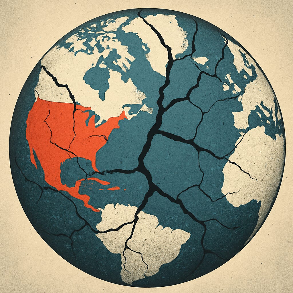 A digital illustration of a globe centered on North America, visibly cracked down the middle to suggest geopolitical and economic fragmentation. The image symbolizes rising instability in the U.S. and its impact on Canada and global markets.
