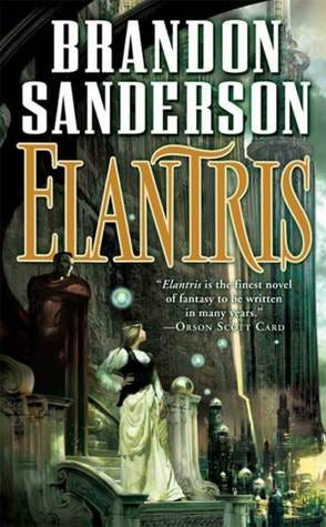 elantris book cover, a warrior clad in red and a princess looking over the city of light