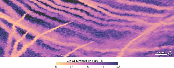 Map of the cloud droplet radius of ship tracks and clean clouds in the North Pacific. Map of the cloud droplet radius of ship tracks and clean clouds in the North Pacific.
