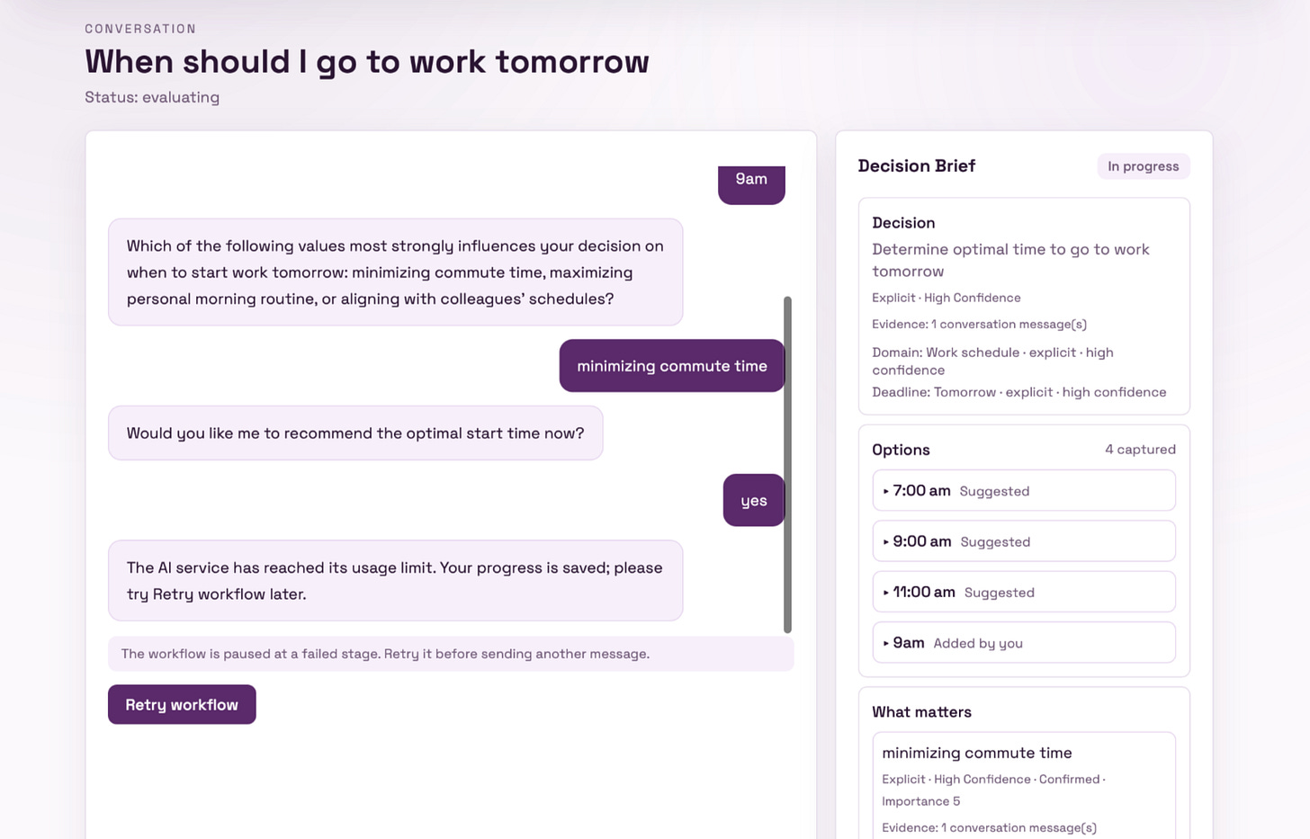 A digital conversation interface discussing optimal work start times, highlighting priorities like minimizing commute time, with suggested times listed.