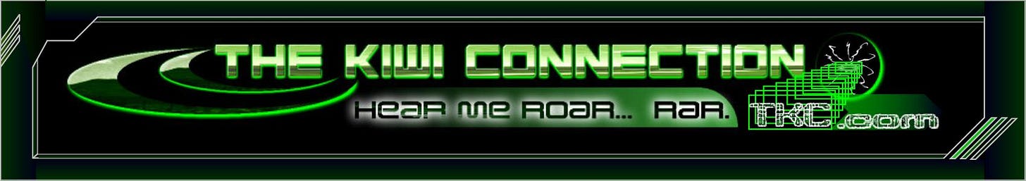 A banner logo for The Kiwi Connection in green and black