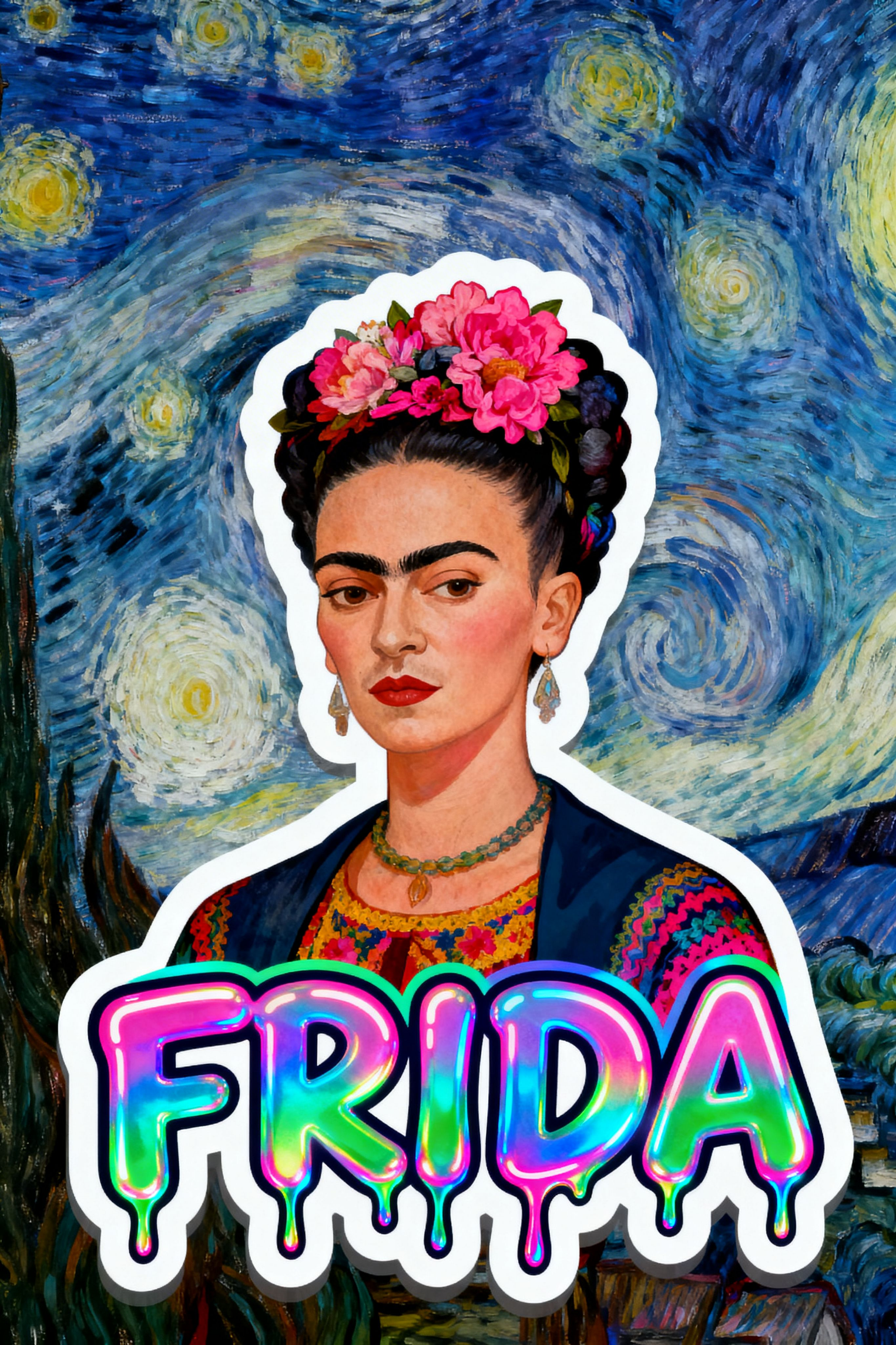 Frida Kahlo pop art with Van Gogh starry sky