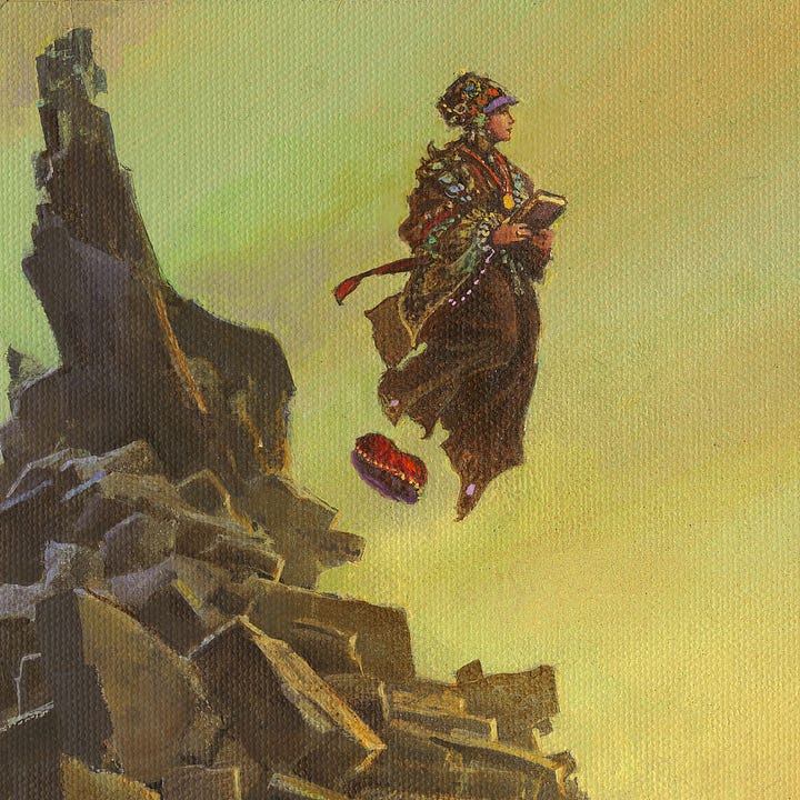 LEFT: Figure detail from EFFLORESCENT featuring a woman floating off the edge of a rock formation. She holds a book in her hand. Her brown robe is decorated with many baubles including a medal hung on a red silk ribbon.  RIGHT: Foreground detail from EFFLORESCENT featuring an enormous flower blooming out of a cylinder of rock. The tips of its long, upward reaching petals are red with a gradient blending to orange then yellow and eventually green as they reach the stalk. A moon hangs low in the sky giving the impression that the flower is reaching out to embrace it. Another descends lower over craggy mountains to the left.