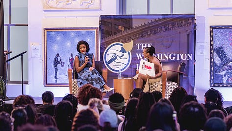 Keke Palmer being interviewed live by Dr Chanda at Wilmington Public Library.