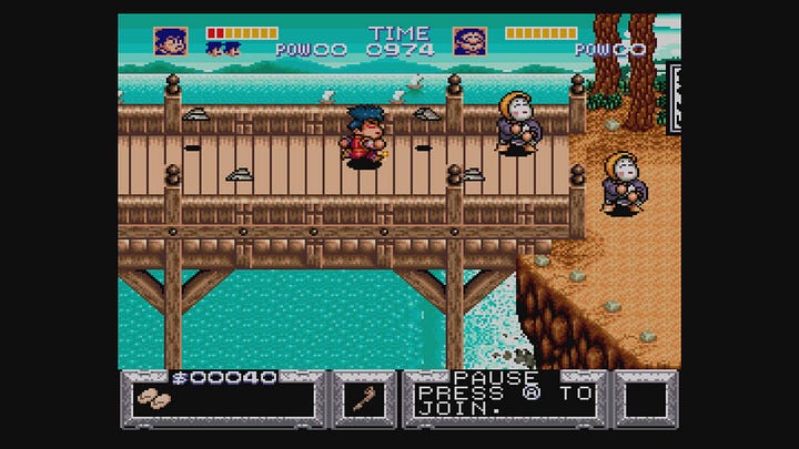 A series of screenshots of Goemon attacking various enemies in different environments. The first in a village, with his pipe, with a very expressive, eyes-bugging-out foe getting whacked. The second with Goemon running toward enemies in kabuki makeup, eyes closed. The third with Goemon, armed with the longer pipe, smacking an armored skeleton, whose eyes, otherwise not visible, are also bugging out. And last, Goemon attacking a clown in kabuki makeup at the amusement park. The screenshots are all a bit dim, as they were taken from the Wii U emulator, and not actual SNES hardware.