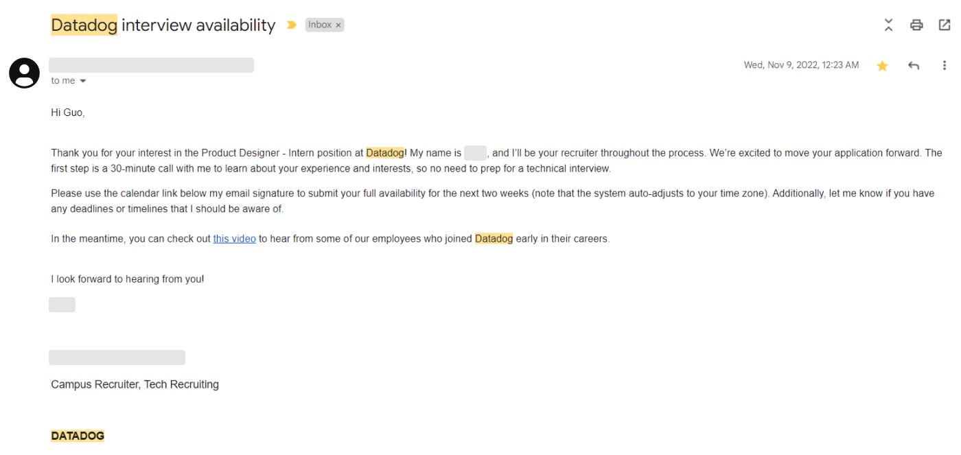 email from datadog recruiter to set up the phone screen