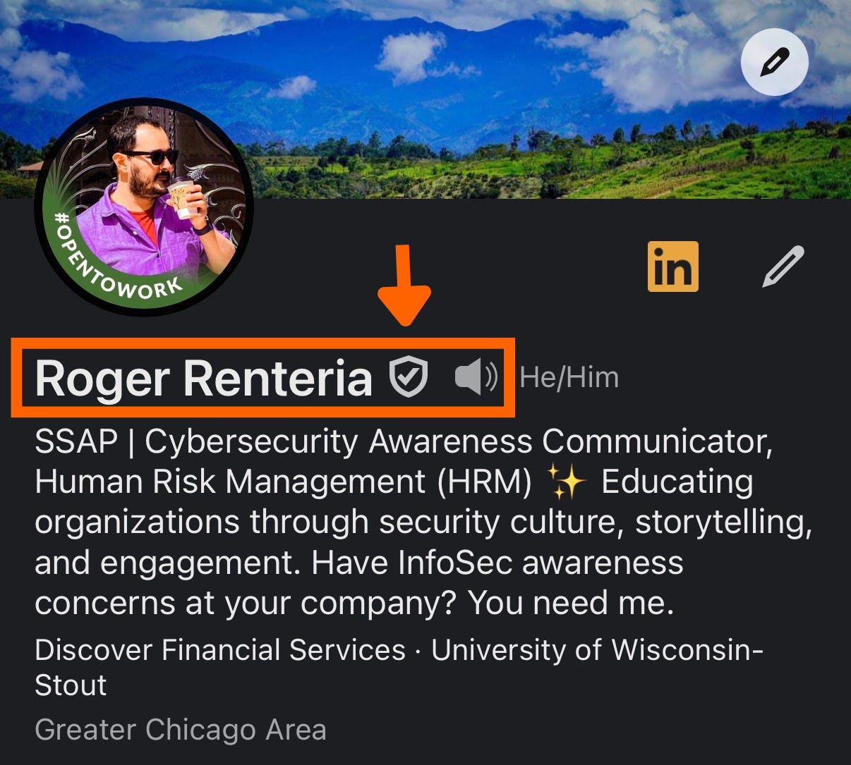 screenshot of a LinkedIn profile with a box showing where to click/tap to reveal account detail history