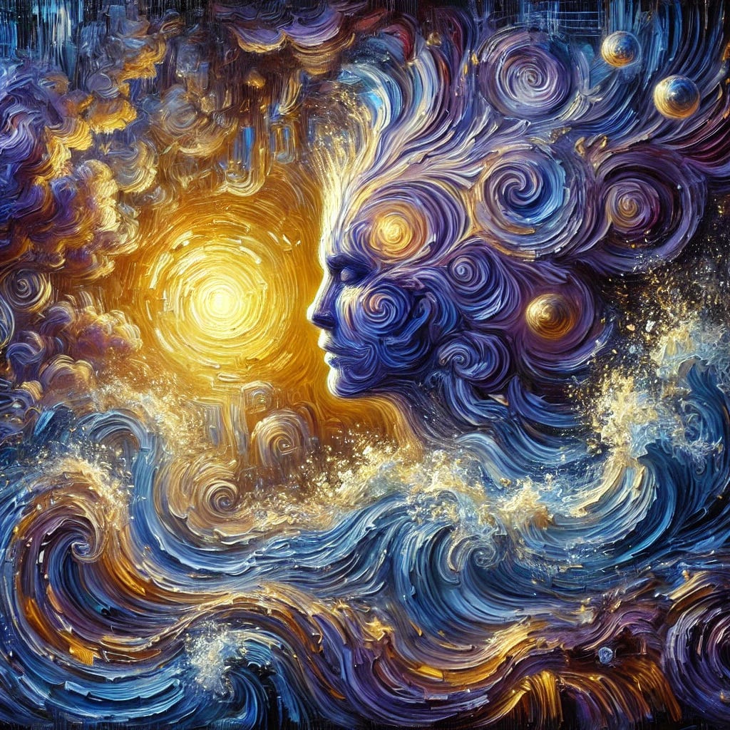 An expressive abstract oil painting depicting the mystical and scientific exploration of ancient yogic siddhis and consciousness. The painting features bold, thick brushstrokes with highly textured layers in rich shades of blues, purples, and golden yellows. Swirling, energetic strokes symbolize the merging of mind and matter, with glowing orbs, wave-like currents, and ethereal light spreading across the canvas. The composition evokes both mystery and enlightenment, blending ancient wisdom with scientific discovery, resembling a traditional oil painting with visible, dynamic textures.