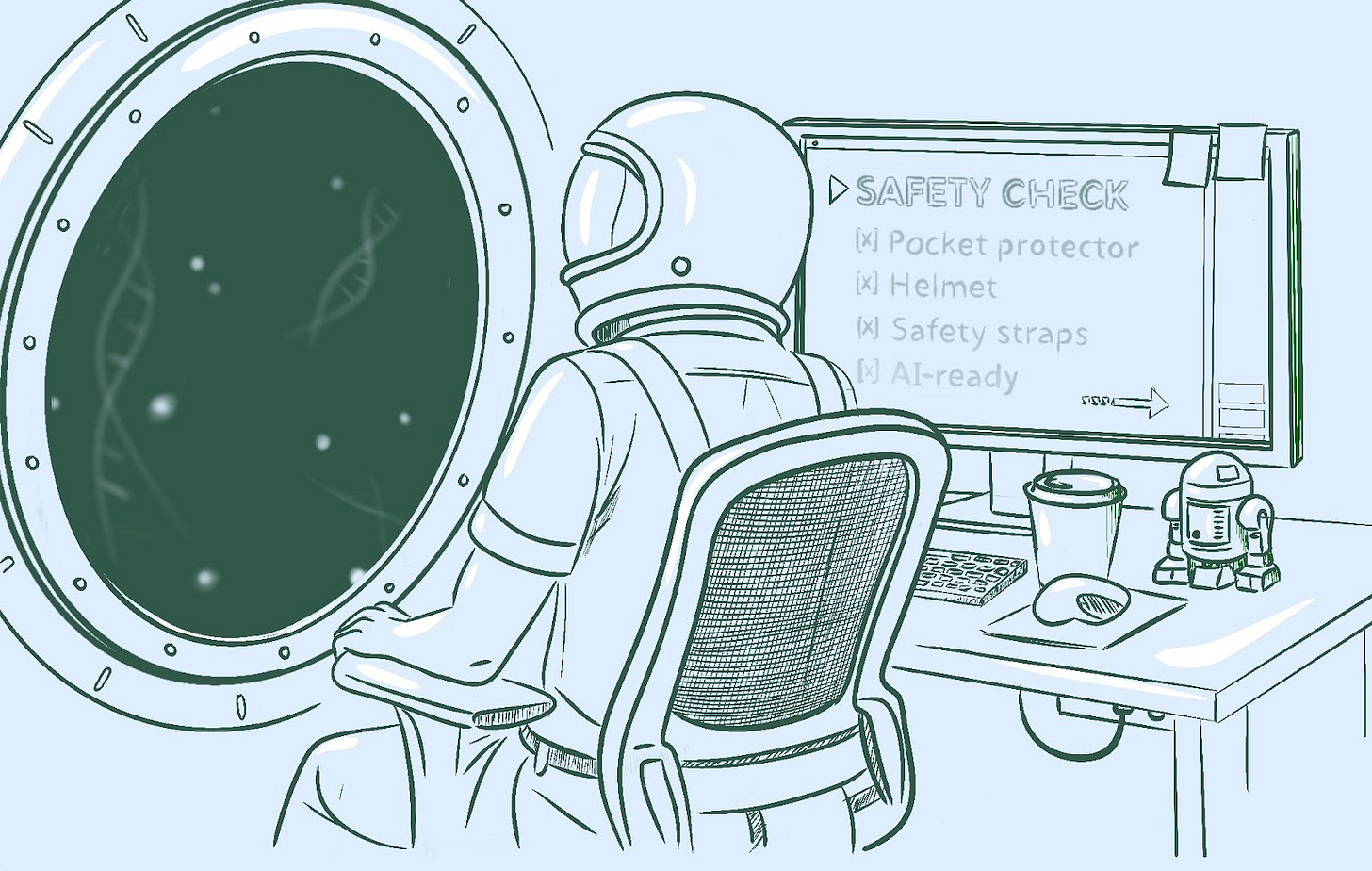 Cartoon of a person in a space suit with AI-ready data observing the universe and DNA through the portal window