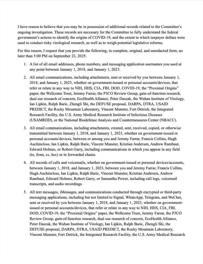 A letter on U.S. Senate Committee on Homeland Security and Governmental Affairs letterhead, dated September 5, 2023, addressed to Anthony Fauci, M.D. The letter is signed by Rand Paul, M.D., U.S. Senate Committee on Homeland Security and Governmental Affairs. Text includes references to emails and testimony involving Anthony Fauci.