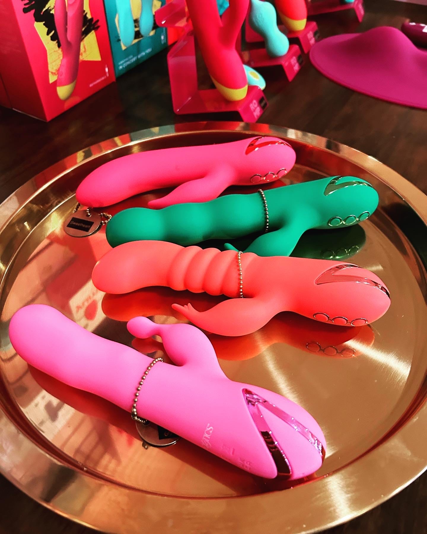 A platter of colourful vibrators at Venus Envy