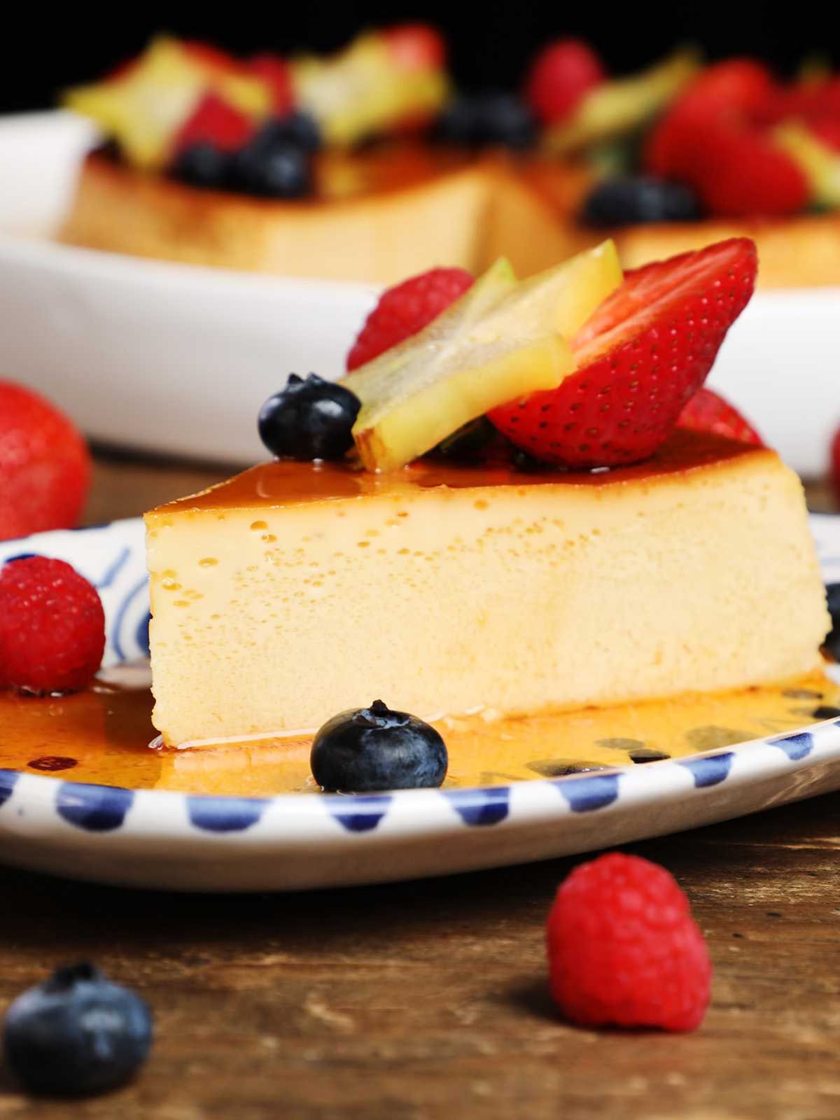 slice of Mexican Flan Napolitano on plate slice of Mexican Flan Napolitano on plate