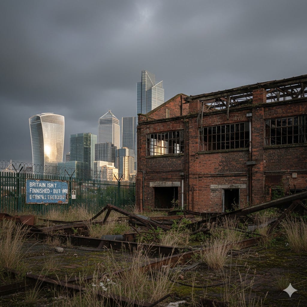 Abandoned British factory with Canary Wharf financial district in background - UK deindustrialisation vs financialisation. www.thealmightygob.com