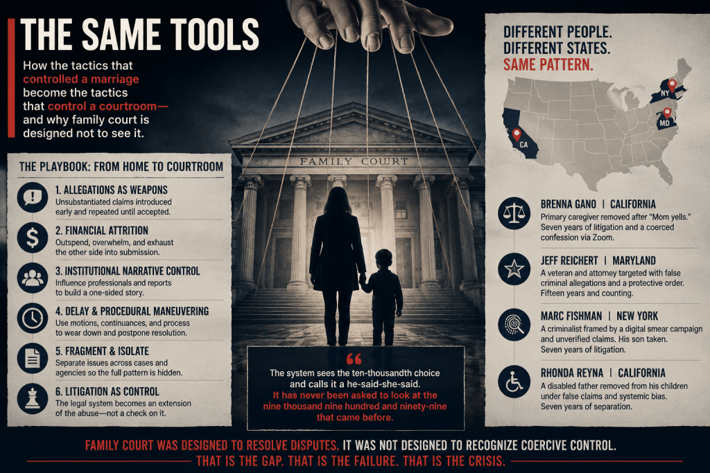Infographic titled 'The Same Tools' illustrating tactics used in marriage and family court. It includes a list of six tactics from home to courtroom, and profiles of individuals from different states experiencing similar issues in family court.