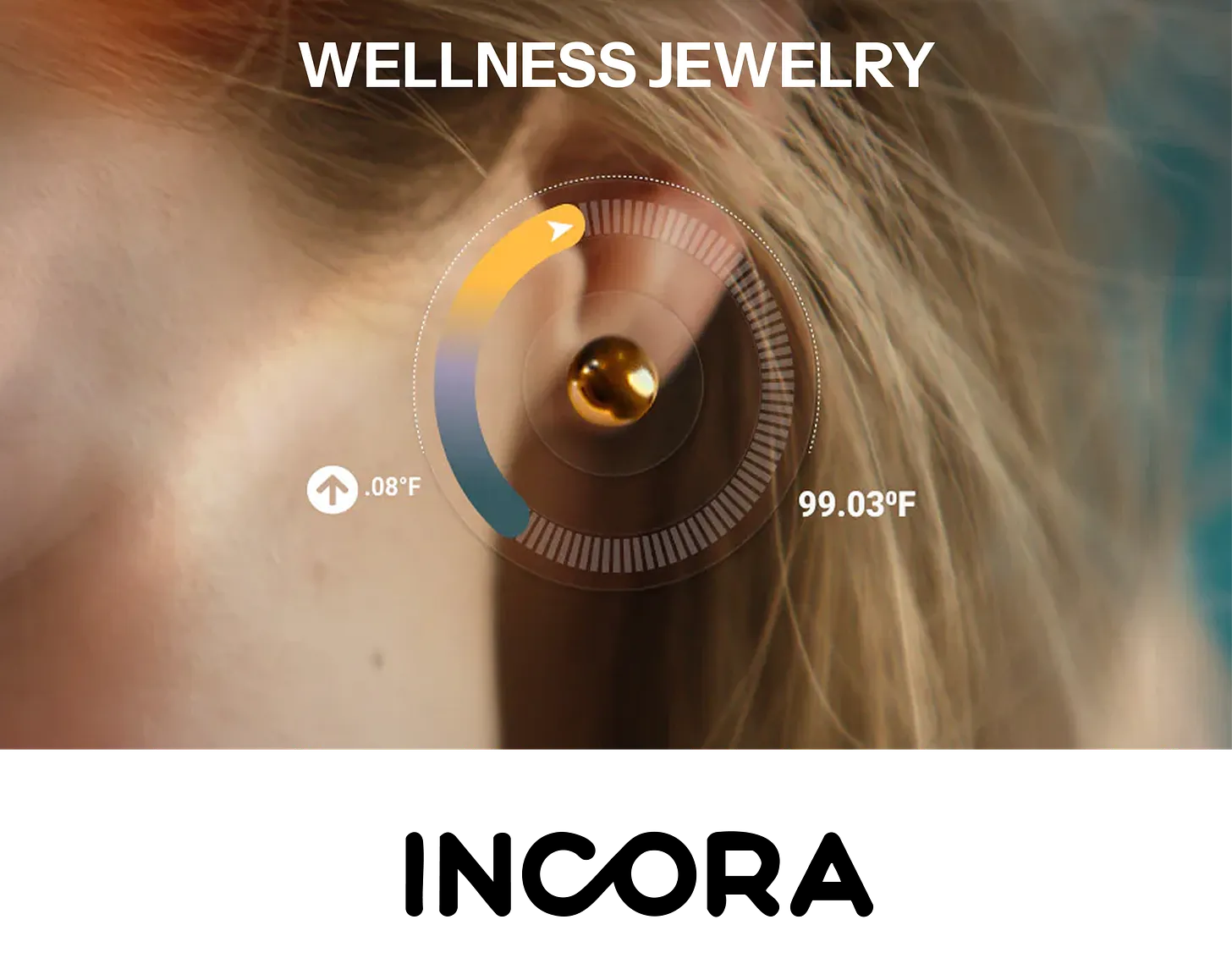 Close-up of InCora Health’s smart earring tracking body temperature in real time, combining biometric monitoring with elegant wellness jewelry design.