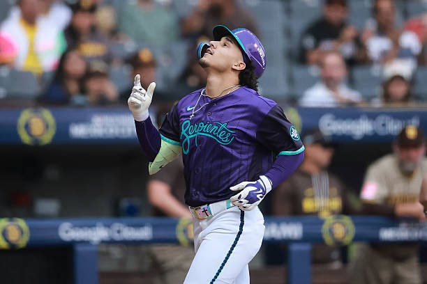 Alek Thomas of the Arizona Diamondbacks reacts after hitting a solo home run against the San Diego Padres during the second inning of the MLB Mexico...