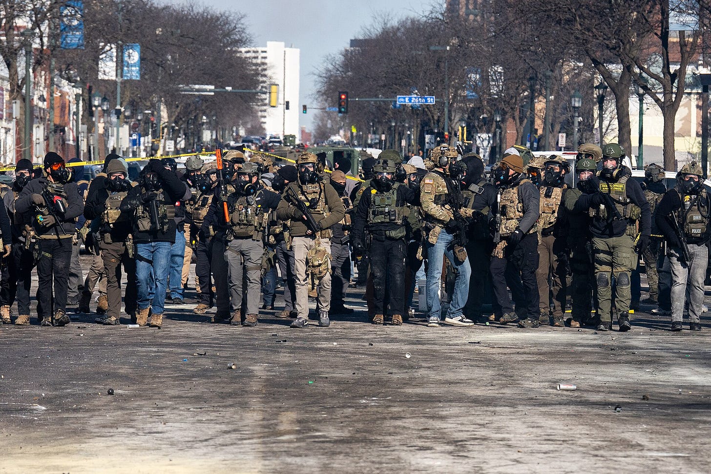 Federal agents line Nicollet Avenue in Minneapolis on Jan. 24, 2026 Federal agents line Nicollet Avenue in Minneapolis on Jan. 24, 2026