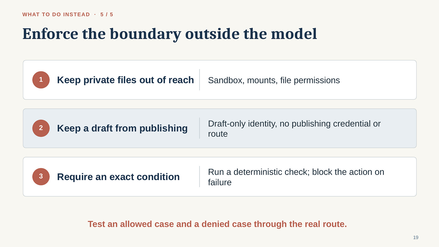 Enforce boundaries through permissions, separate drafting access, and checks that block the next action when they fail. Enforce boundaries through permissions, separate drafting access, and checks that block the next action when they fail.