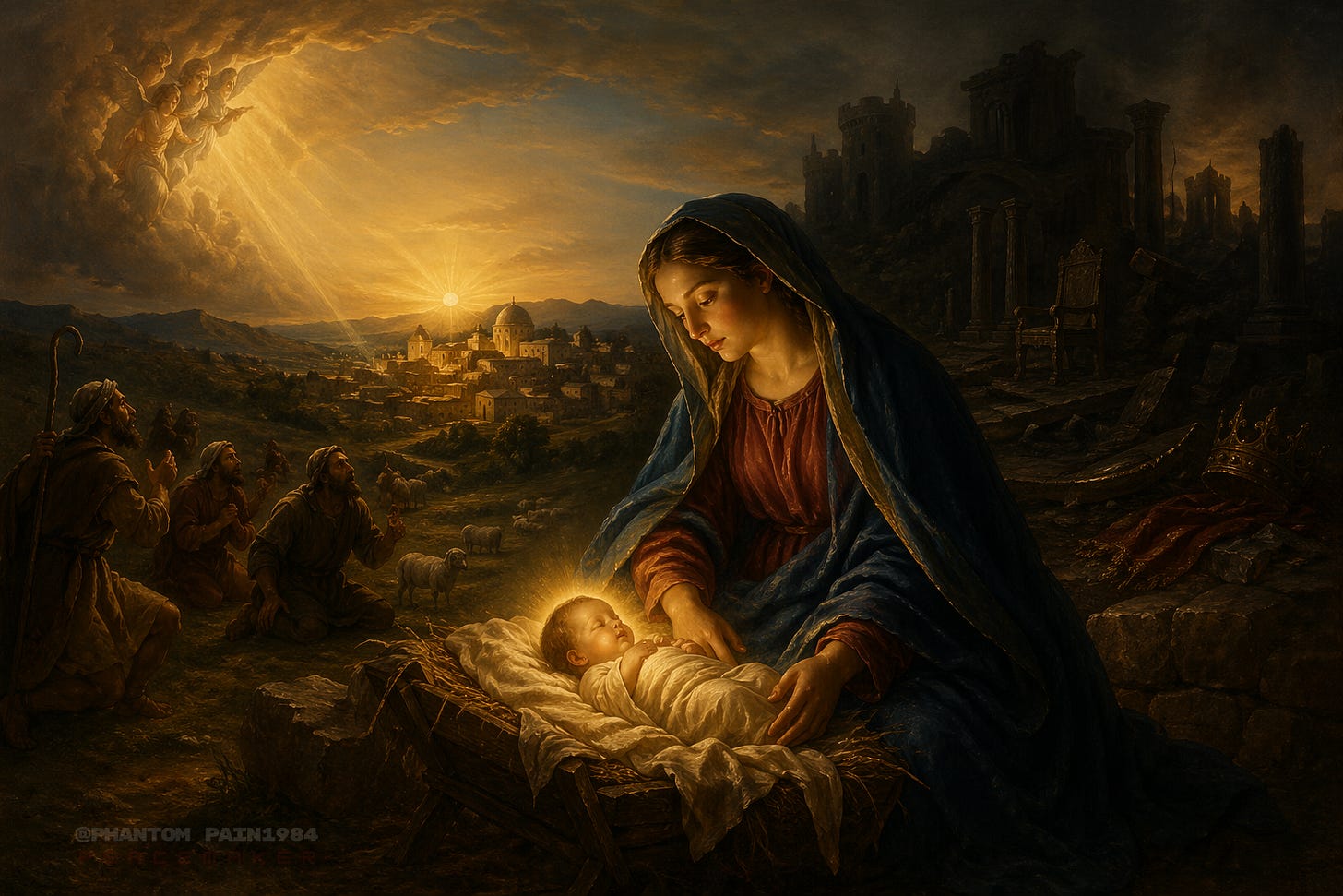 Mary and the infant Christ beneath the fractured symbols of worldly power. The manger glows while the thrones collapse behind it — a reminder that Scripture does not begin in the palace, but among the humble, and that every empire which mistakes impunity for eternity eventually meets Mary’s Song.