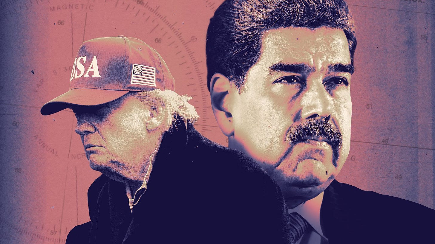 Photo illustration of President Donald Trump and Venezuela's President Nicolas Maduro with a nautical map in the background
