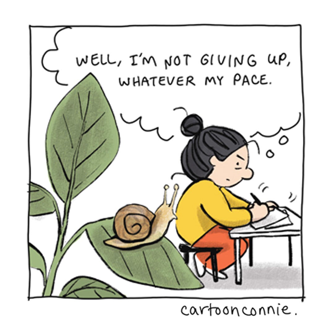 Panel 6 of a 6-panel autobio comic strip about the challenges of writing a book and how long and arduous the process can be. Titled "A Snail's Pace," 2026. Original art by Connie Sun, cartoonconnie.