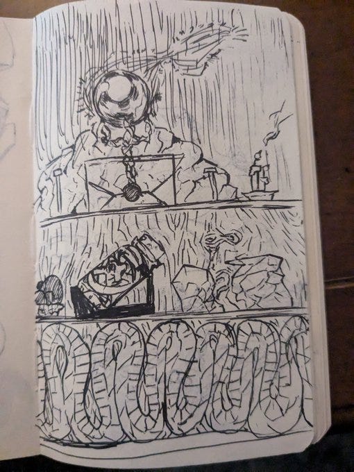 Hand-drawn black ink sketch on paper shows a large figure with wide-brimmed hat and cape seated at a desk holding an open book. A lit candle sits on the desk beside a sealed envelope and tipped jar. Below the desk, rocks and a coiled dragon-like creature with scales and horns emerge from shadows. Swirling lines and ethereal wisps surround the figure, with heavy cross-hatching for shading throughout the mystical scene.