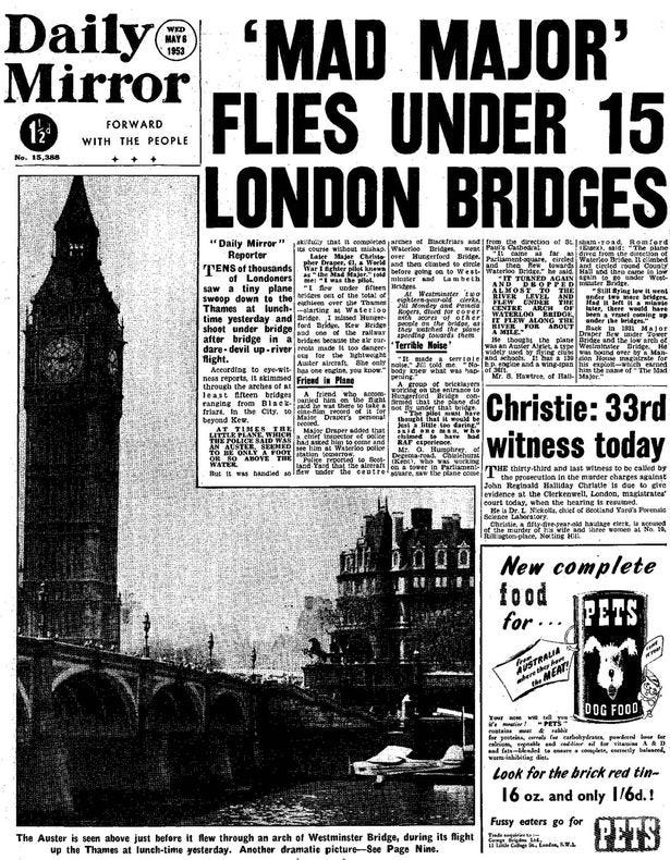 Daily Mirror front page, 6 May 1953: ‘Mad Major’ flied under 15 London bridges – plus grainy b/w image of a plane flying low over the Thames towards Westminster bridge