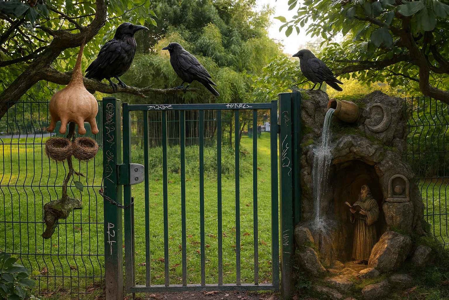 Inpainting result: scene emblems integrated into the wallaby-enclosure locus.