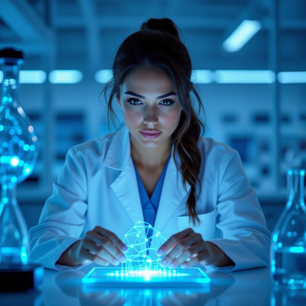 "Quantum researcher working with blue-glowing quantum circuit visualizations and IBM quantum hardware, focused laborator...