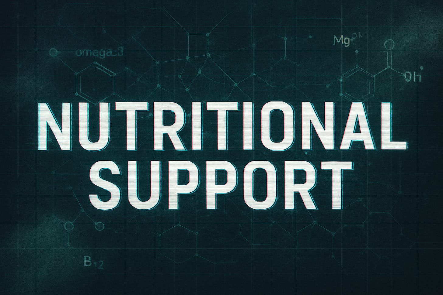 Banner titled “NUTRITIONAL SUPPORT” with stylized fog and circuit-inspired texture.
