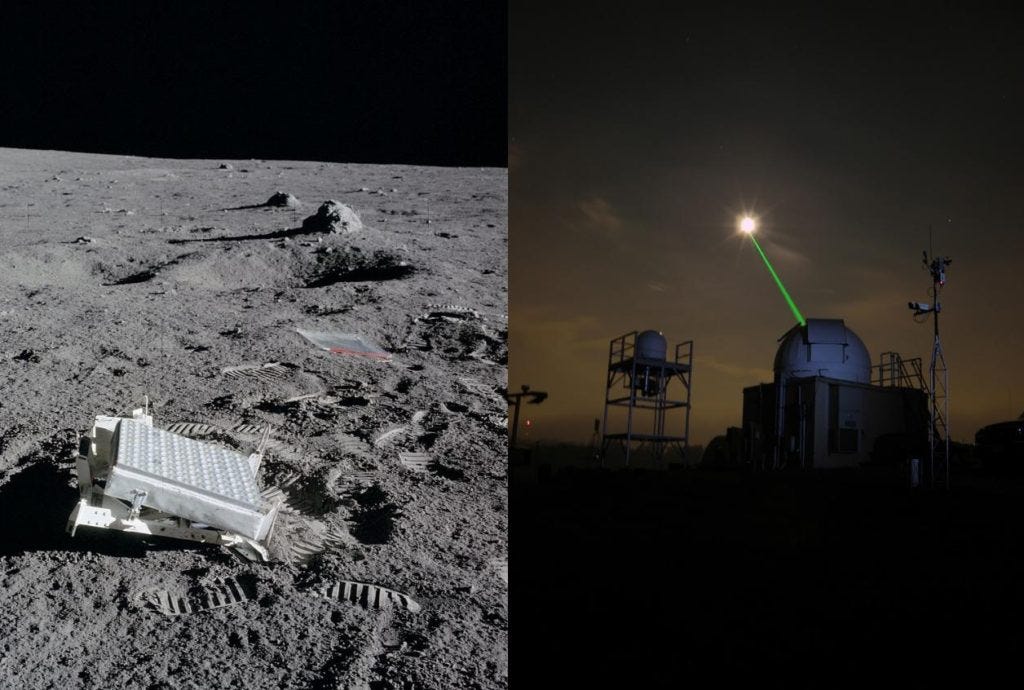 Left: Apollo astronauts left mirrors on the moon (the Lunar Ranging Retroreflectors).
Right: Scientists on Earth can bounce lasers off these mirrors to get a return signal.
Image Credit: NASA Left: Apollo astronauts left mirrors on the moon (the Lunar Ranging Retroreflectors).
Right: Scientists on Earth can bounce lasers off these mirrors to get a return signal.
Image Credit: NASA