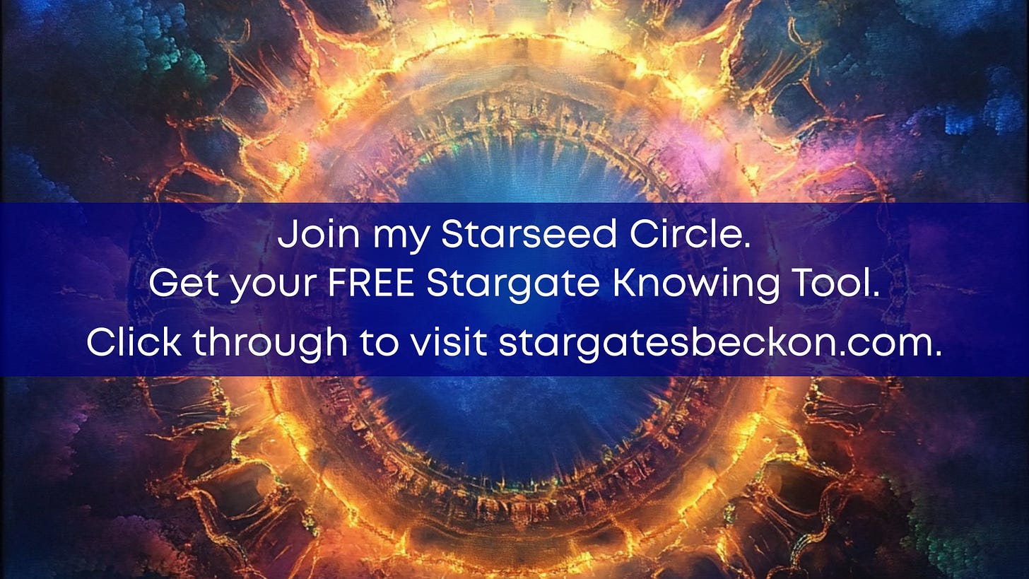 an ethereal rotating Stargate of Light the colors of royal blues, golds, and pinks beckons the Starseed in through its portal of all quantum possibilities