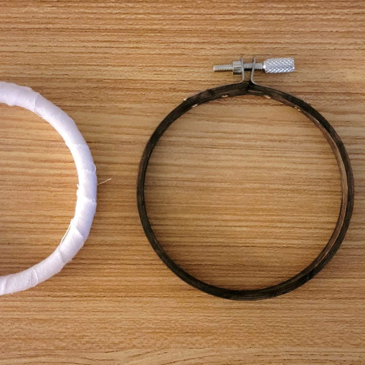 close-up of embroidery hoops in different stages of assembly
