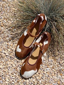 mary jane flats - faux brown and white cowhide mary jane flats - faux brown and white cowhide