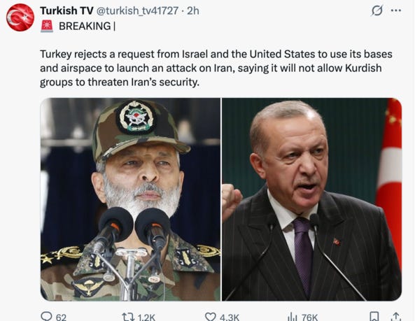 Turkish TV breaking news tweet showing military official and President Erdogan discussing Iran attack rejection Turkish TV breaking news tweet showing military official and President Erdogan discussing Iran attack rejection