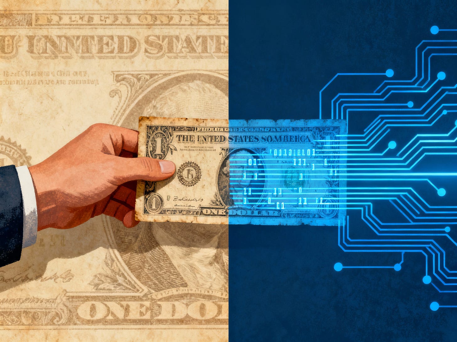 Portada: billete antiguo convertido en código digital en una mano humana sobre fondo billete y circuito.