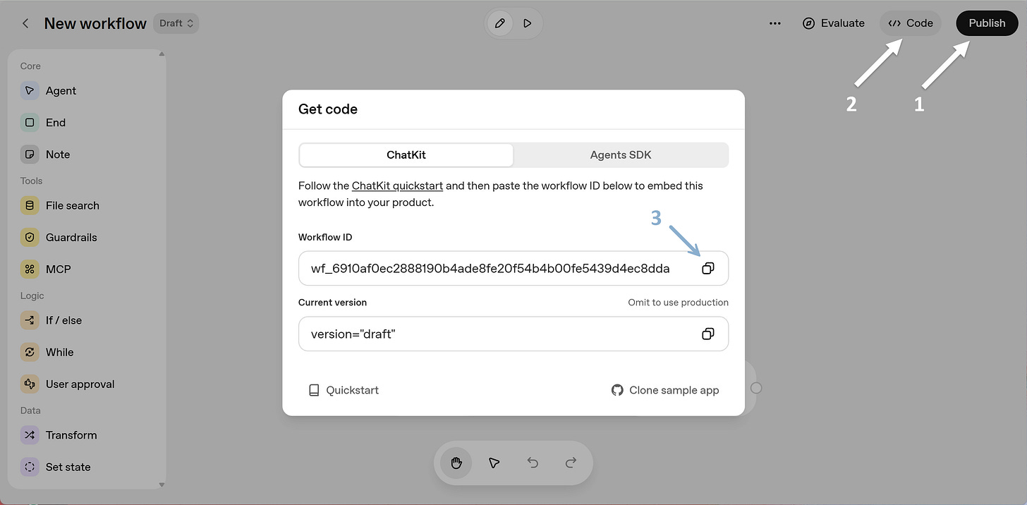 Publish OpenAI Agent Builder workflow and copy its ID